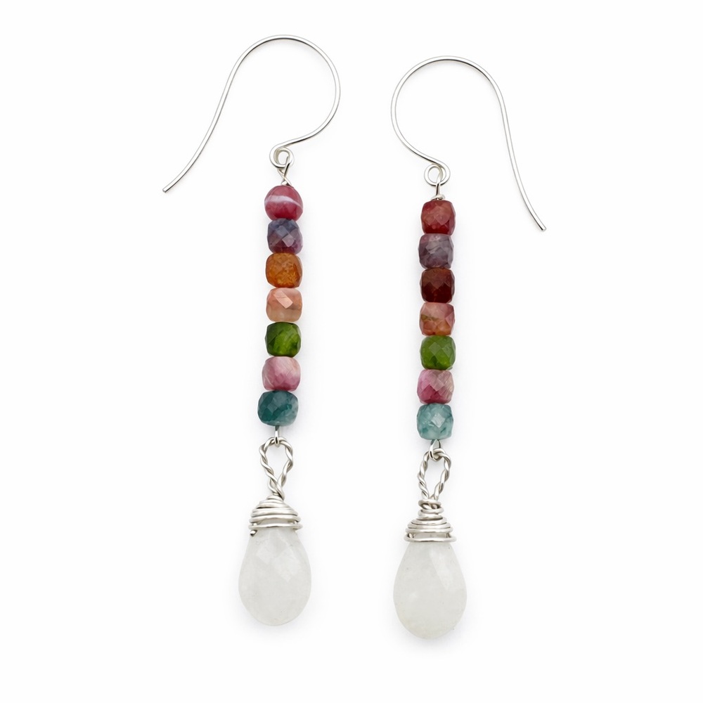 HK7670 Rainbow Tourmaline & Moonstone Hook Earrings